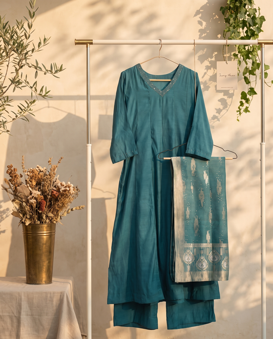 Noor Raaz — teal cotton silk suit with Anarkali silhouette and brocade shawl — Ivory Hues, Indian ethnic wear Singapore