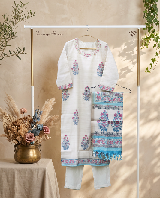 Leela Aabha — ivory semi-Tussar suit with handblock print and embroidery — Ivory Hues, Indian ethnic wear Singapore