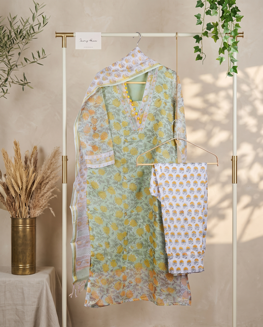 Kota Kainaat Hoor — mint green Kota doria suit with contrast potli buttons — Ivory Hues, Indian ethnic wear Singapore