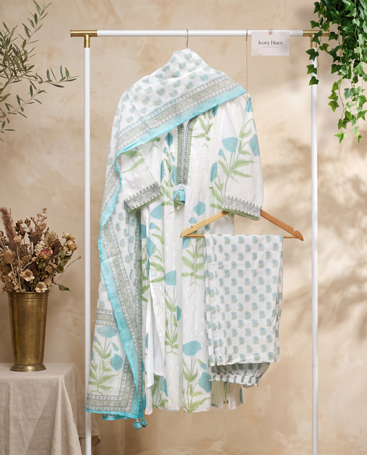 Malhar Geet — white cotton suit with pastel green and blue handblock motifs — Ivory Hues, Indian ethnic wear Singapore