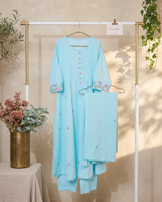 Anokhi Ehsaas — pastel blue suit with floral embroidery and lace detailing — Ivory Hues, Indian ethnic wear Singapore