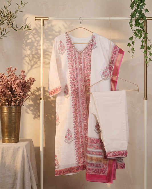 Raaga Amaya — pink Chanderi suit with panel embroidery — Ivory Hues, Indian ethnic wear Singapore