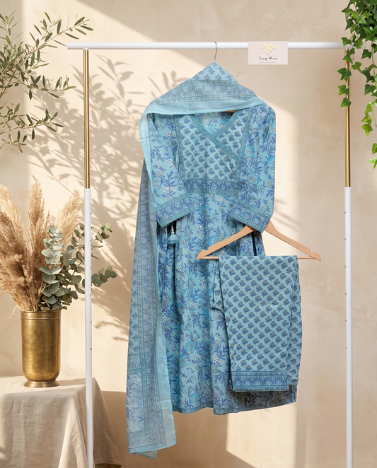 Anokhi Aasman — pastel blue cotton suit with embellished yoke border — Ivory Hues, Indian ethnic wear Singapore