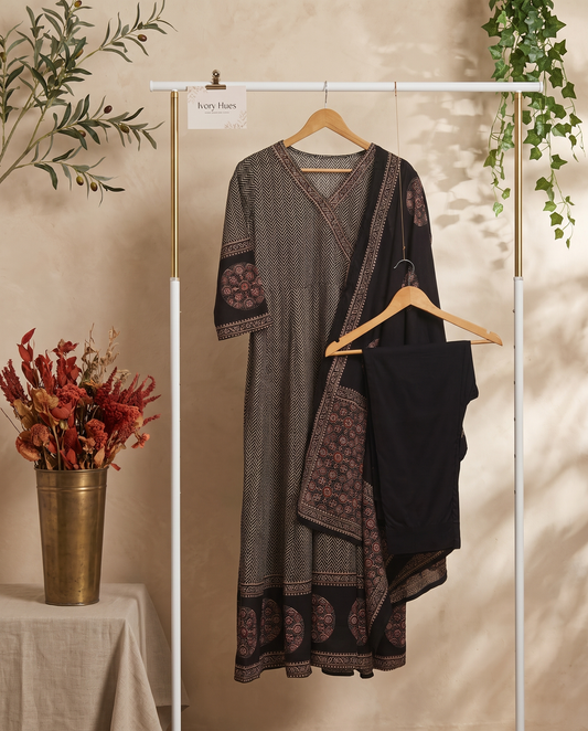 Anokhi Dhun — cotton suit with chevron block print and black bordered dupatta — Ivory Hues, Indian ethnic wear Singapore