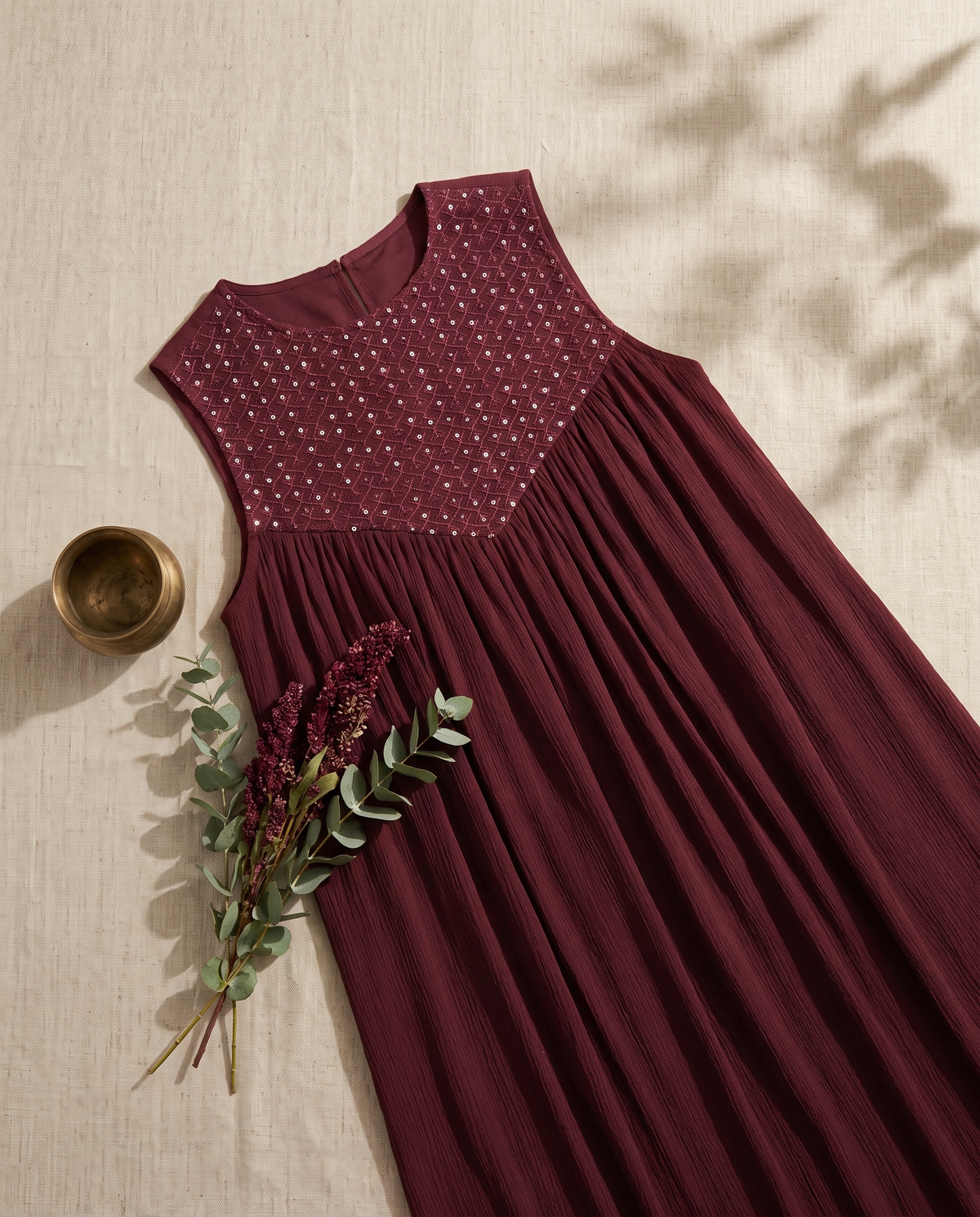 Raahi Sukoon — maroon crushed Chanderi dress, styled flatlay — Ivory Hues, Indian ethnic wear Singapore