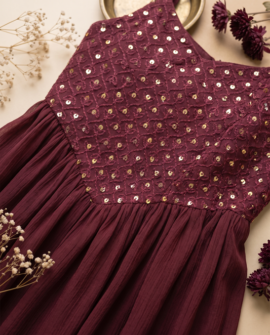 Raahi Sukoon maroon dress — embellished yoke detail — Ivory Hues, Indian ethnic wear Singapore