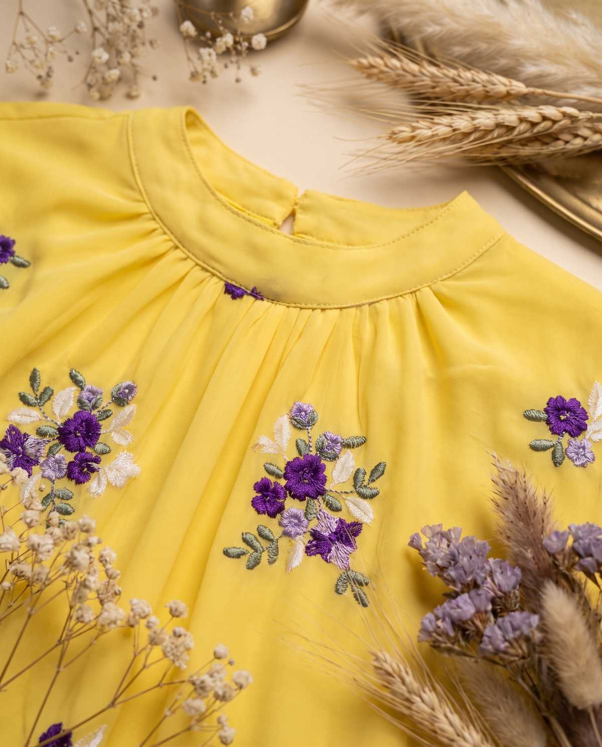 Raahi Umang sunshine yellow dress — floral embroidery detail — Ivory Hues, Indian ethnic wear Singapore