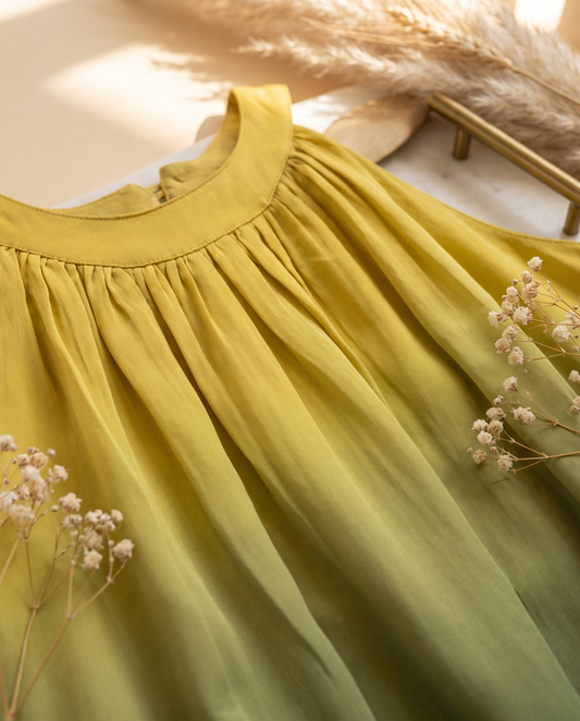 Raahi Saaya green ombré dress — gathered neckline detail — Ivory Hues, Indian ethnic wear Singapore