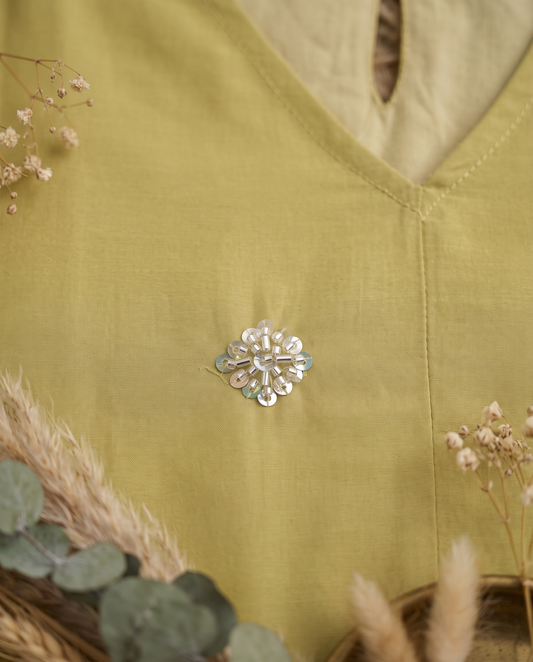 Raahi Rang mimosa yellow dress — neckline embellishment detail — Ivory Hues, Indian ethnic wear Singapore