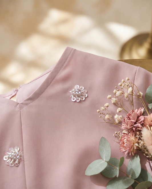 Raahi Adaa baby pink dress — neckline embellishment detail — Ivory Hues, Indian ethnic wear Singapore