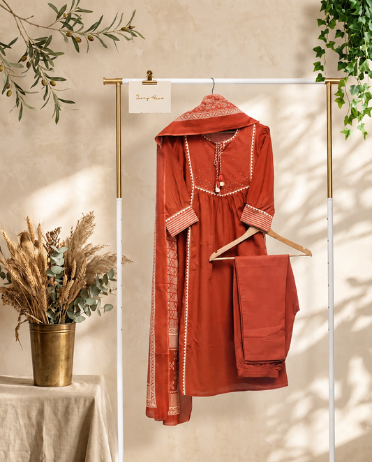 Anokhi Dhoop — rust and ivory cotton suit with embellished neckline borders — Ivory Hues, Indian ethnic wear Singapore