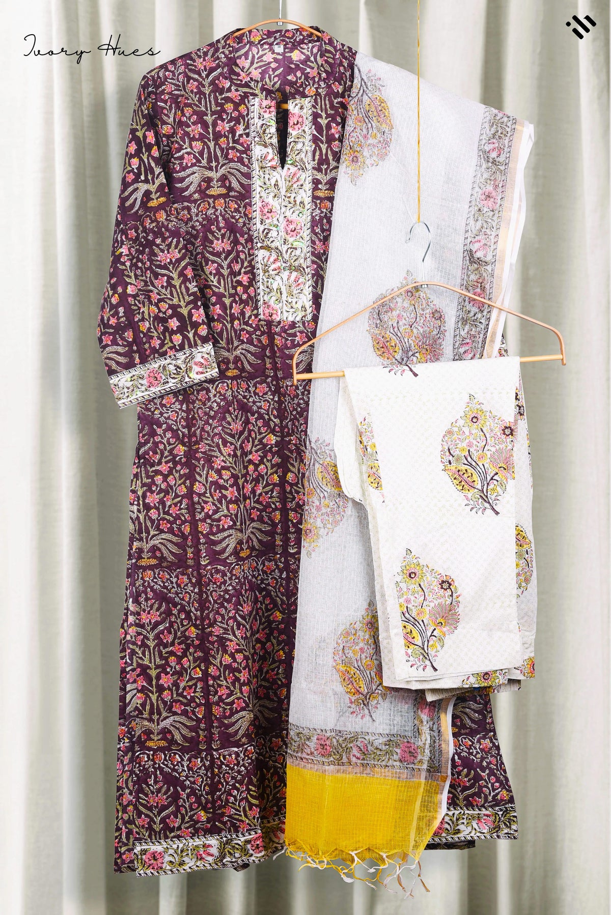 Kota Kainaat Falak — purple aubergine handblock-print suit with Kota doria dupatta — Ivory Hues, Indian ethnic wear Singapore