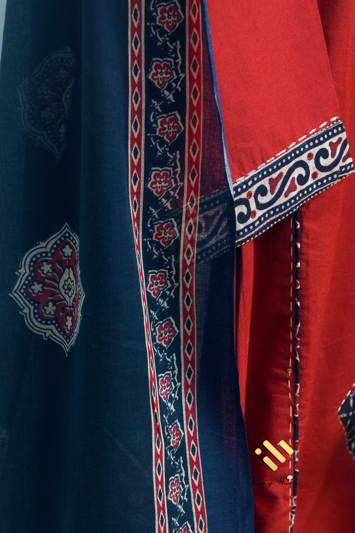 Anokhi Lata — red and black cotton suit with applique and mirror embellishment — Ivory Hues, Indian ethnic wear Singapore