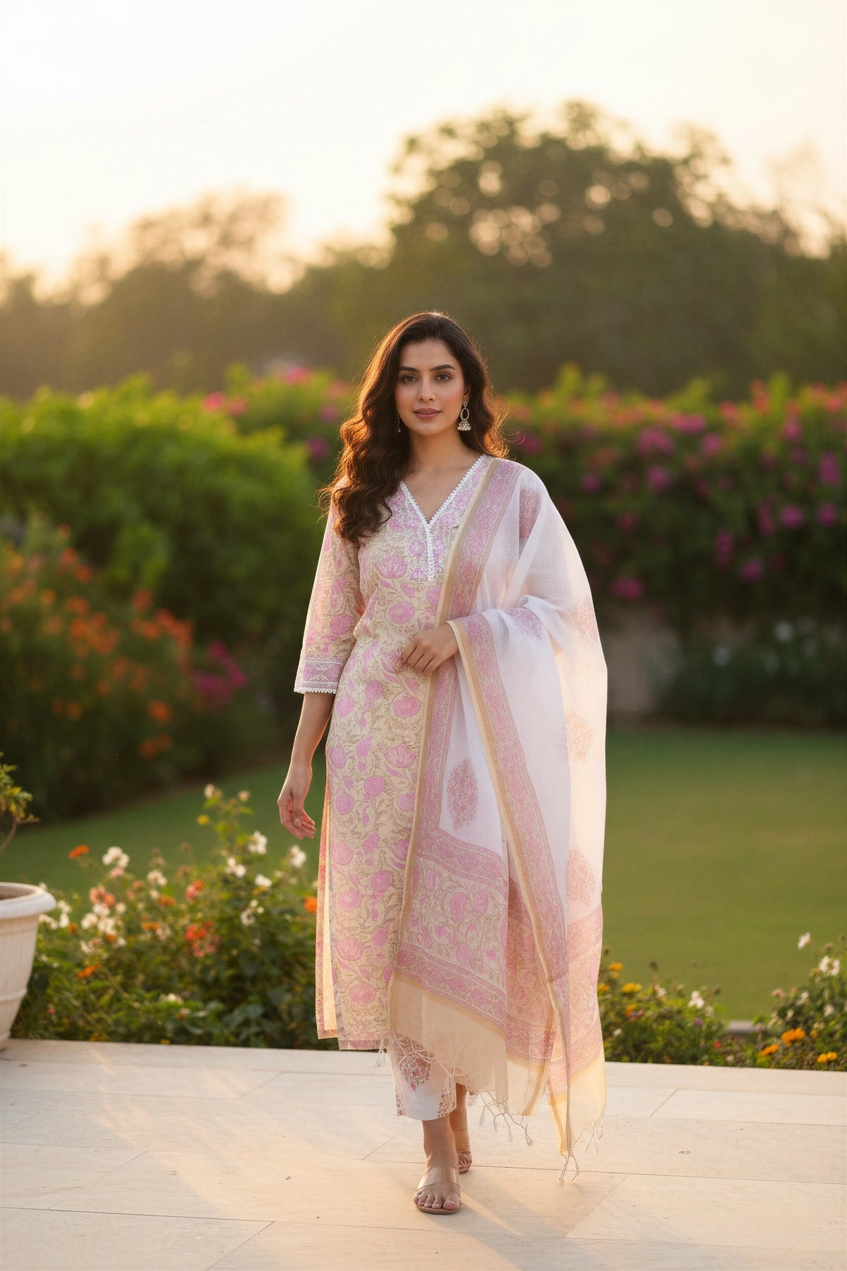 Anokhi Chahat — pink and peach cotton suit with floral handblock prints — Ivory Hues, Indian ethnic wear Singapore