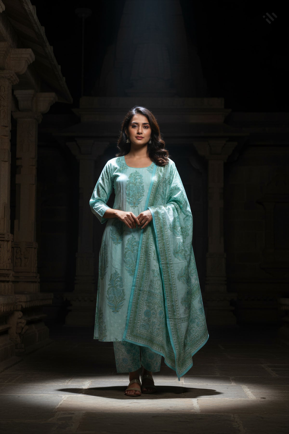 Anokhi Abha — powder blue suit with Mughal-inspired handblock print — Ivory Hues, Indian ethnic wear Singapore