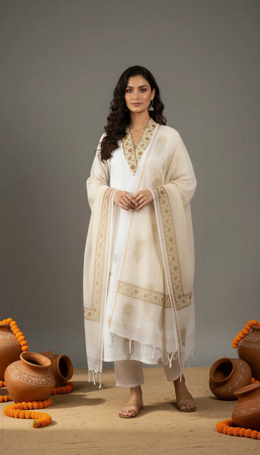 Ivory Hues Malhar Megha handblock print cotton kurta set — Indian ethnic wear Singapore