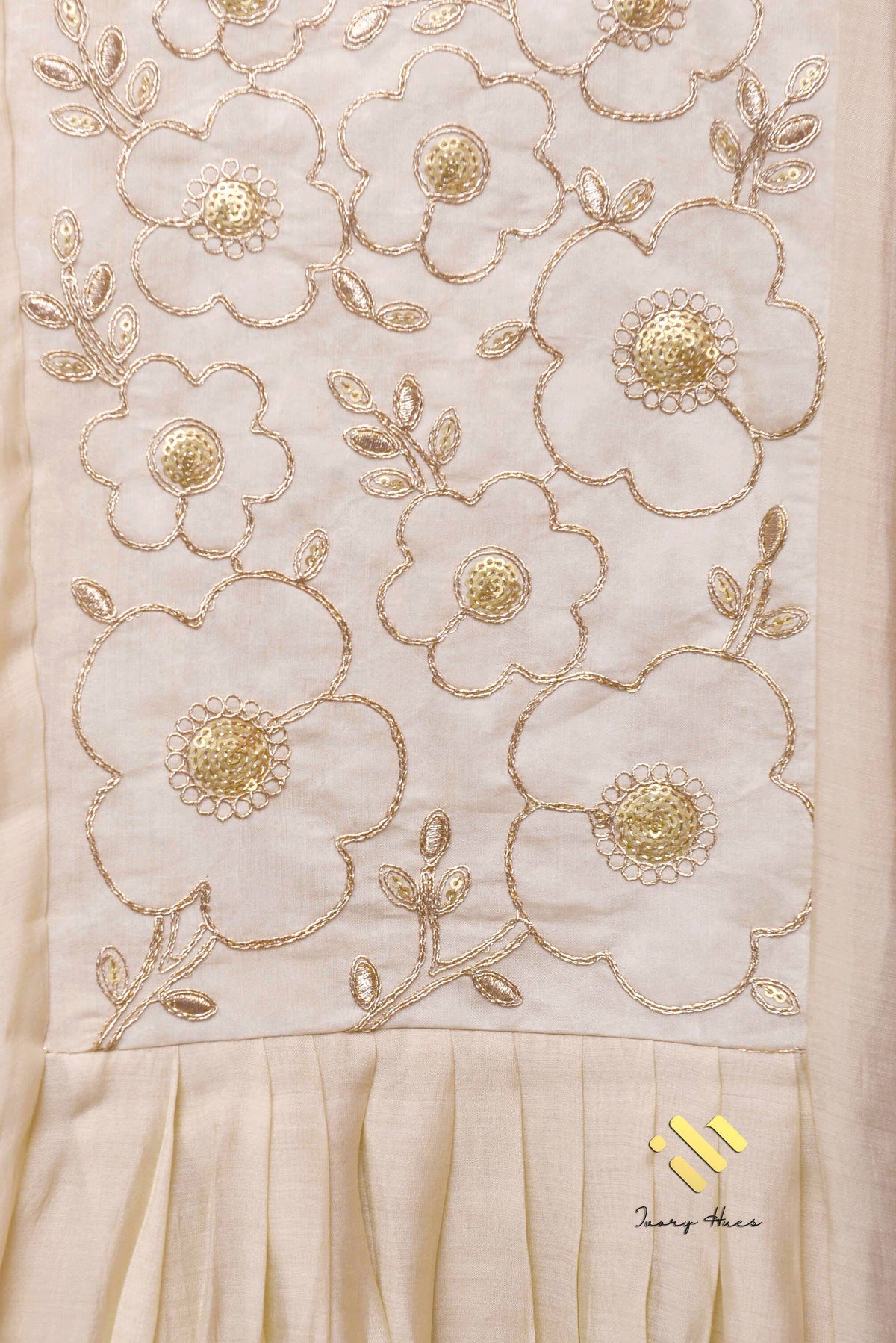 Noor Aria — off-white mul Chanderi suit with colorful floral embroidery — Ivory Hues, Indian ethnic wear Singapore