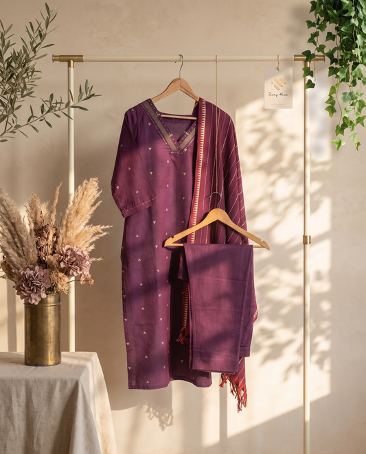 Anokhi Dhaaga — deep purple handloom cotton suit with woven gold prints — Ivory Hues, Indian ethnic wear Singapore