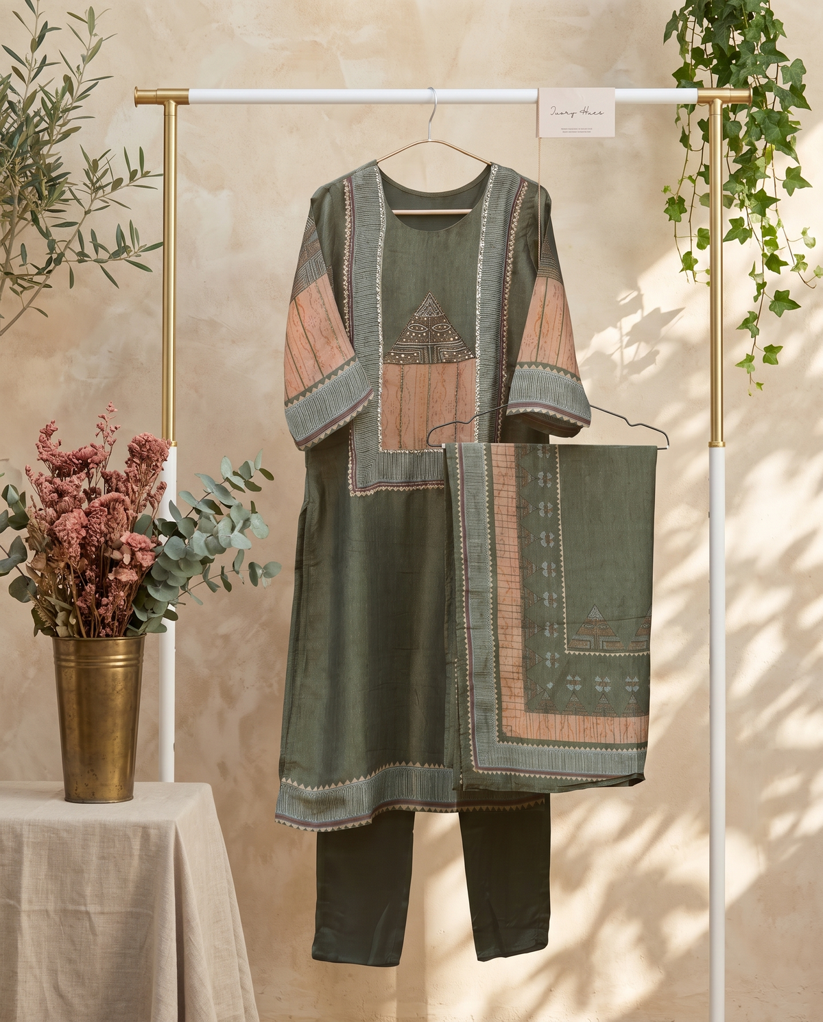 Noor Jhalak — mehendi green soft silk suit with printed top — Ivory Hues, Indian ethnic wear Singapore