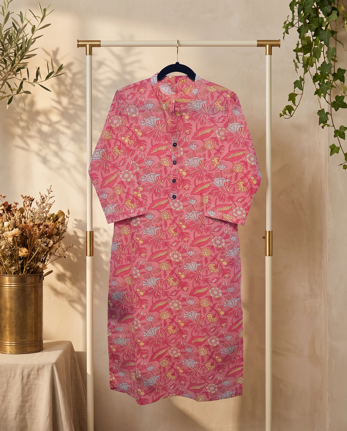 Gulmarg Phool — pink cotton kurti with floral handblock print — Ivory Hues, Indian ethnic wear Singapore