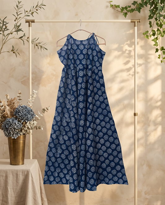Twilight Indigo Tie Up Dress — indigo tie-up dress with floral motif print — Ivory Hues, Indian ethnic wear Singapore