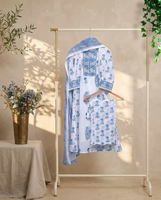 Malhar Boond — white and blue cotton suit with handblock prints — Ivory Hues, Indian ethnic wear Singapore