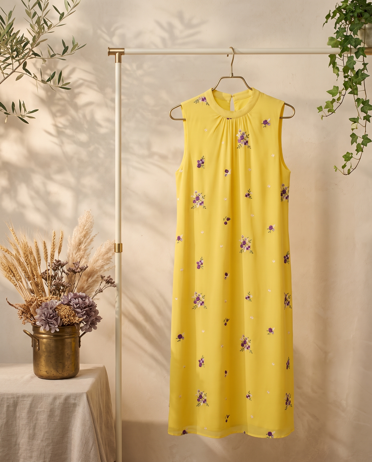 Raahi Umang — sunshine yellow Mul Chanderi shift dress with purple floral embroidery — Ivory Hues, Indian ethnic wear Singapore