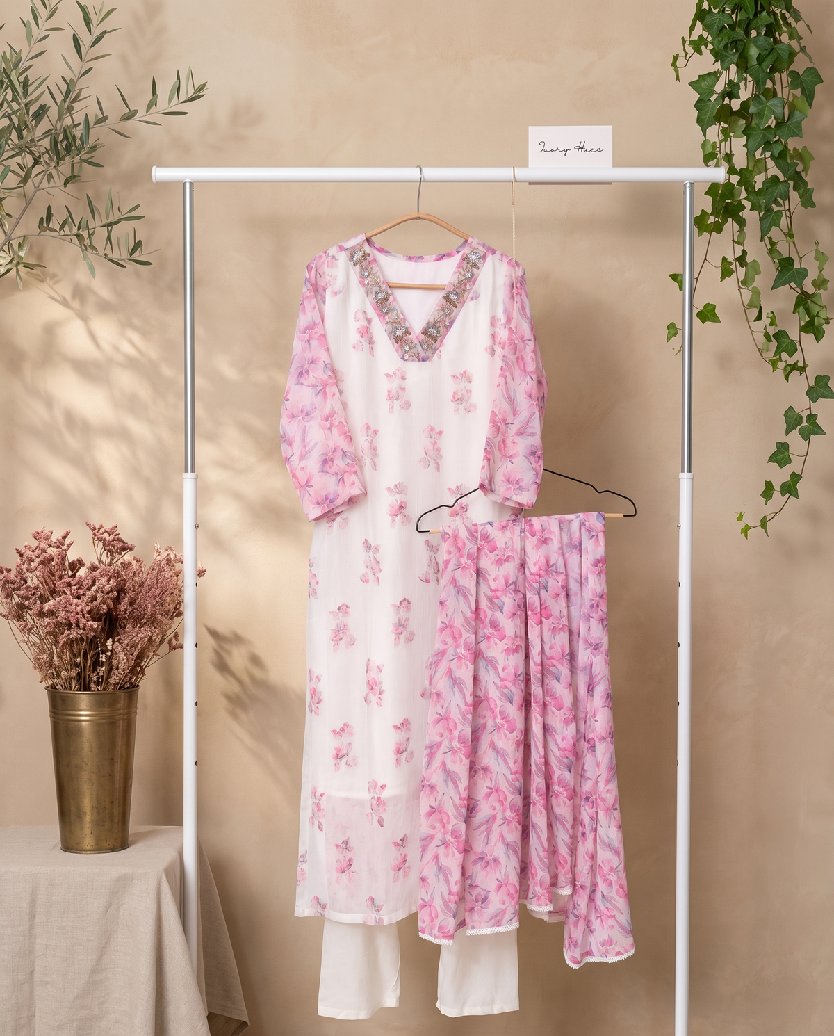 Noor Mehfil — white crepe suit with applique work and embroidered neckline — Ivory Hues, Indian ethnic wear Singapore