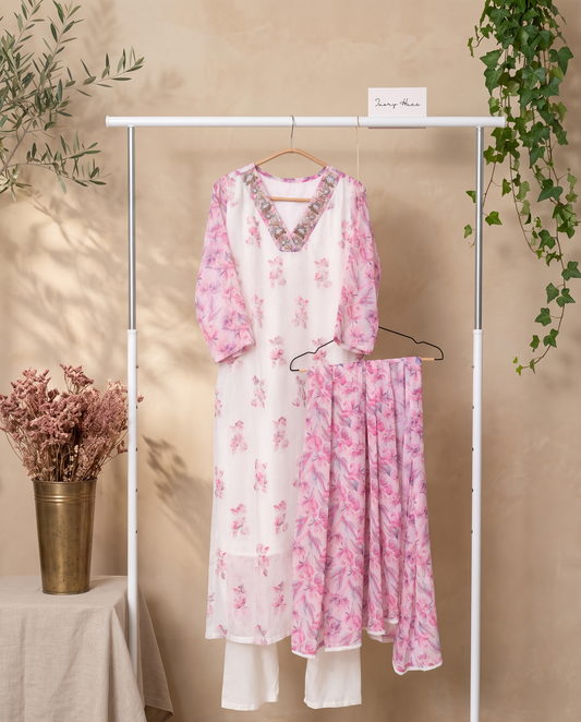 Noor Mehfil — white crepe suit with applique work and embroidered neckline — Ivory Hues, Indian ethnic wear Singapore
