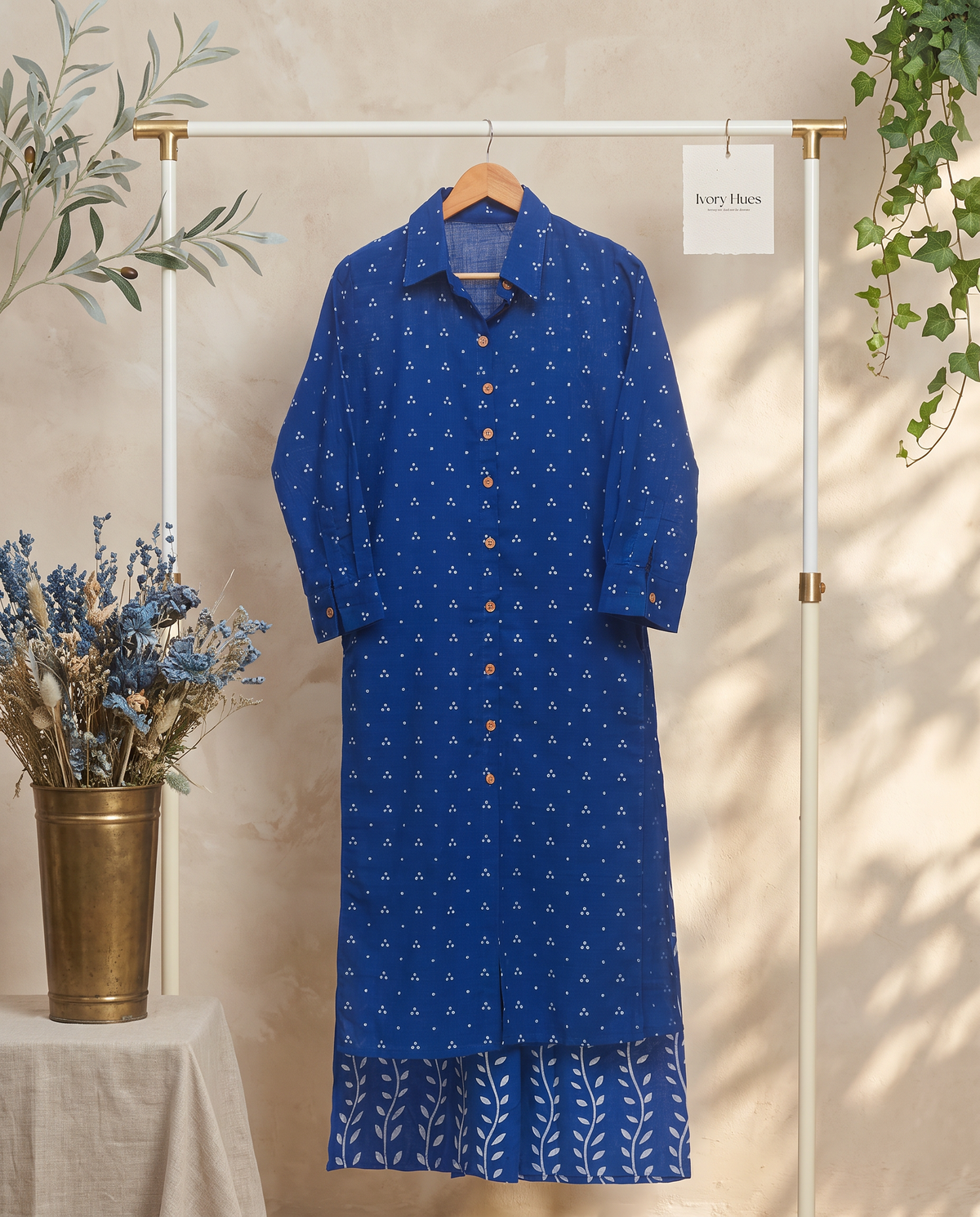 Indigo Tales Ruh — indigo blue co-ord set with white polka-dot print — Ivory Hues, Indian ethnic wear Singapore