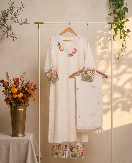Anokhi Suroor — white cotton suit with colorful floral embroidery — Ivory Hues, Indian ethnic wear Singapore