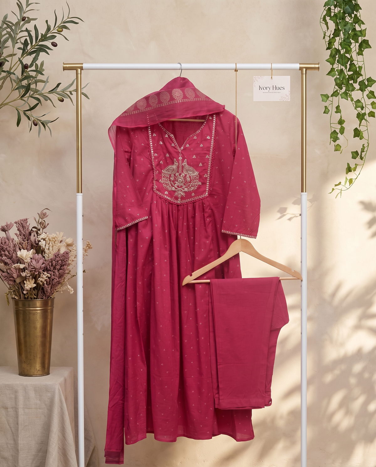 Anokhi Mayuri — raspberry cotton suit set with peacock embroidery neckline — Ivory Hues, Indian ethnic wear Singapore