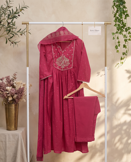 Anokhi Mayuri — raspberry cotton suit set with peacock embroidery neckline — Ivory Hues, Indian ethnic wear Singapore