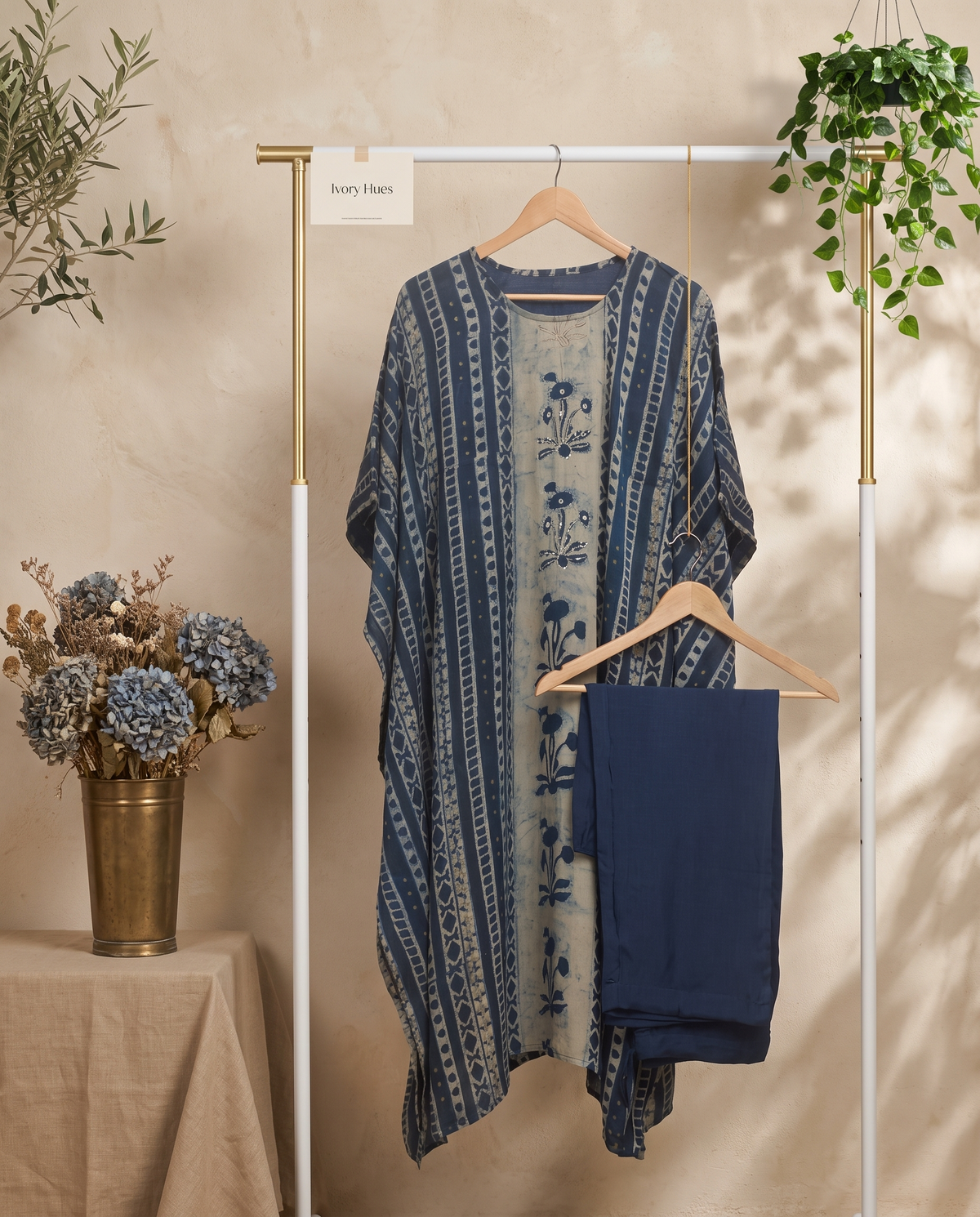 Kaftan Sukoon 02 — indigo blue kaftan co-ord set with floral block prints — Ivory Hues, Indian ethnic wear Singapore