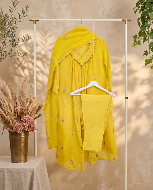 Noor Zoya — yellow mul Chanderi suit with embroidered neckline — Ivory Hues, Indian ethnic wear Singapore