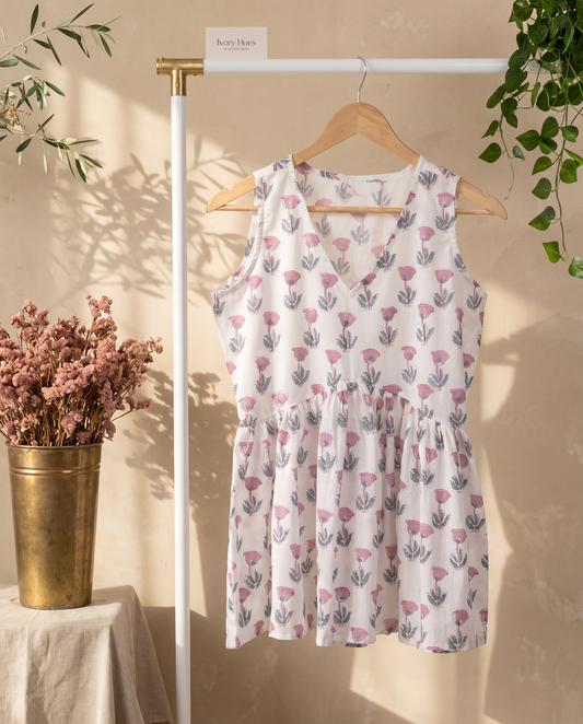 Indira Mehak — white cotton peplum top with mauve floral print — Ivory Hues, Indian ethnic wear Singapore