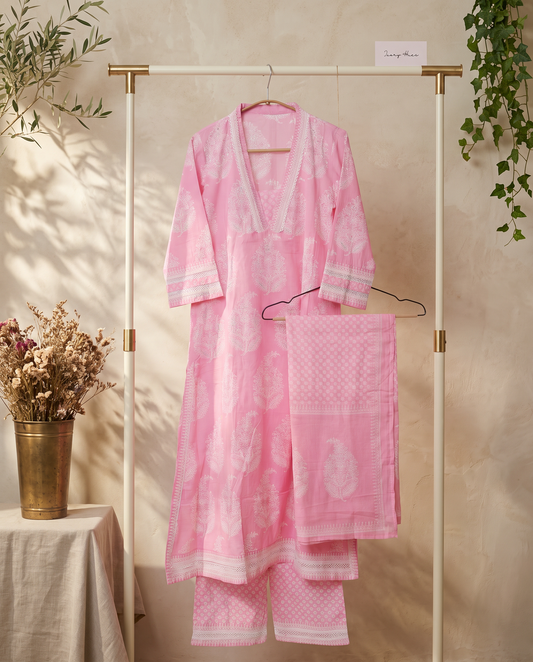 Anokhi Prerna — pastel pink suit with lace detailing on sleeves and pants — Ivory Hues, Indian ethnic wear Singapore