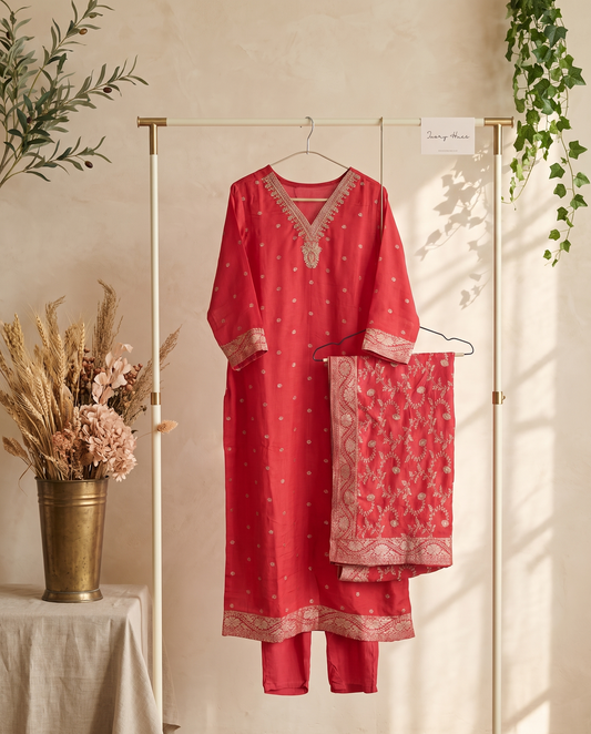 Noor Husn — tomato red suit with golden buttas and brocade shawl — Ivory Hues, Indian ethnic wear Singapore