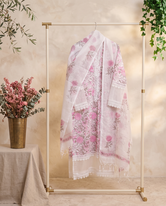 Malhar Sitara — white cotton suit with pink floral handblock prints — Ivory Hues, Indian ethnic wear Singapore