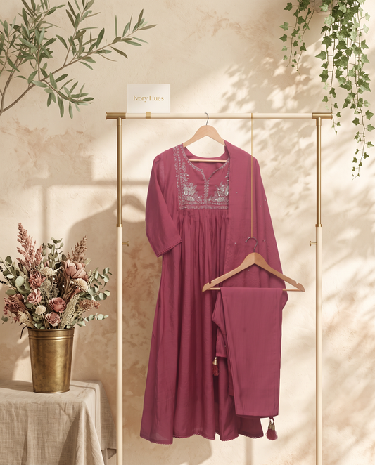 Noor Neerja — three-piece rouge mul Chanderi suit with embroidered neckline — Ivory Hues, Indian ethnic wear Singapore