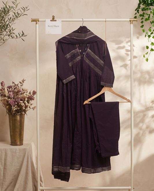 Anokhi Mahika — deep purple cotton suit with mirror-work neckline detail — Ivory Hues, Indian ethnic wear Singapore