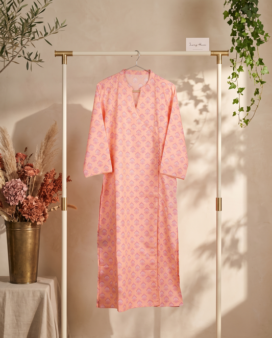 Gulmarg Rukh — peach angrakha kurti with handblock print and potli buttons — Ivory Hues, Indian ethnic wear Singapore