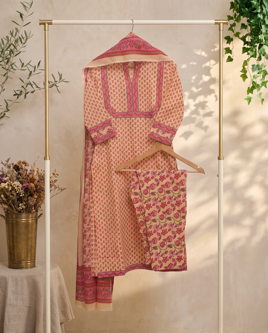 Anokhi Vanya — pastel yellow cotton suit with floral handblock prints — Ivory Hues, Indian ethnic wear Singapore