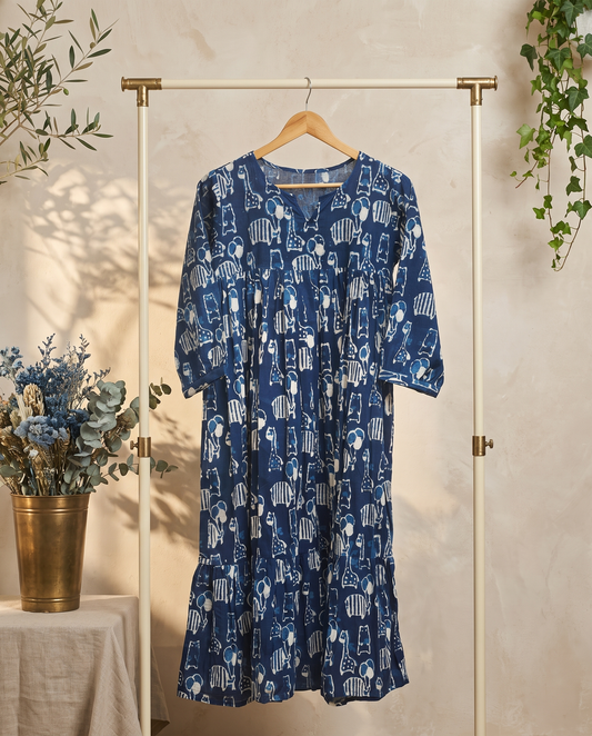 Indigo Breeze Dress — indigo dress with animal print and flared silhouette — Ivory Hues, Indian ethnic wear Singapore