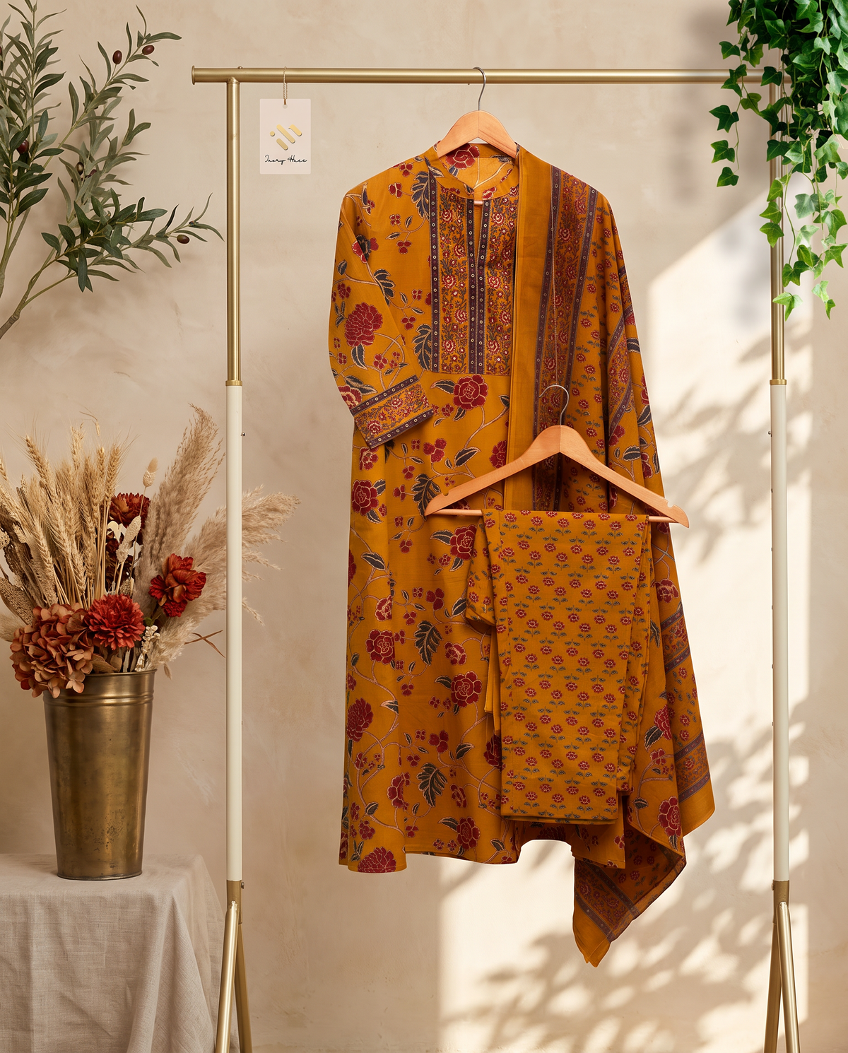 Anokhi Raag — mustard cotton suit set with handblock prints — Ivory Hues, Indian ethnic wear Singapore