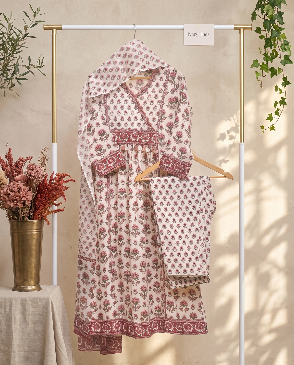 Malhar Saaz — cotton suit with handblock print and beaded tassel yoke — Ivory Hues, Indian ethnic wear Singapore