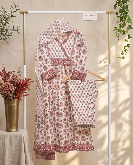 Malhar Saaz — cotton suit with handblock print and beaded tassel yoke — Ivory Hues, Indian ethnic wear Singapore