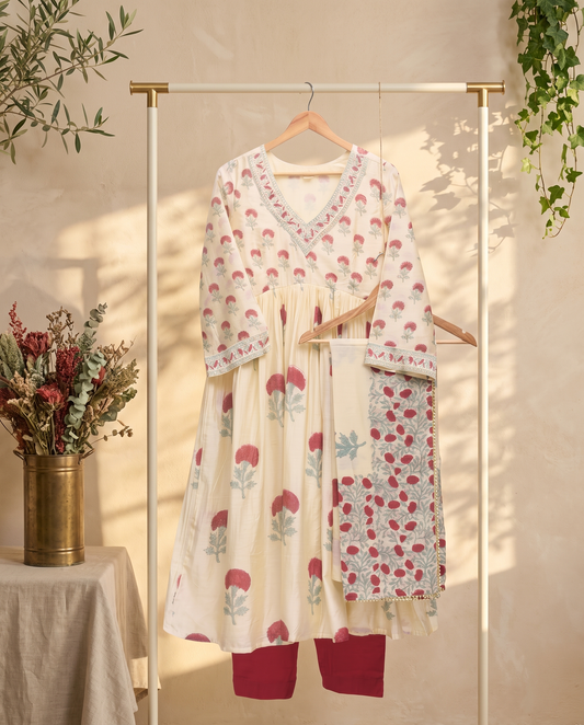 Raaga Inaya — ivory Chanderi suit with Mughal-inspired woven print — Ivory Hues, Indian ethnic wear Singapore