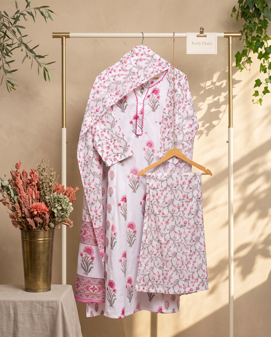 Malhar Roohi — cotton suit with pink floral print and palazzo pants — Ivory Hues, Indian ethnic wear Singapore