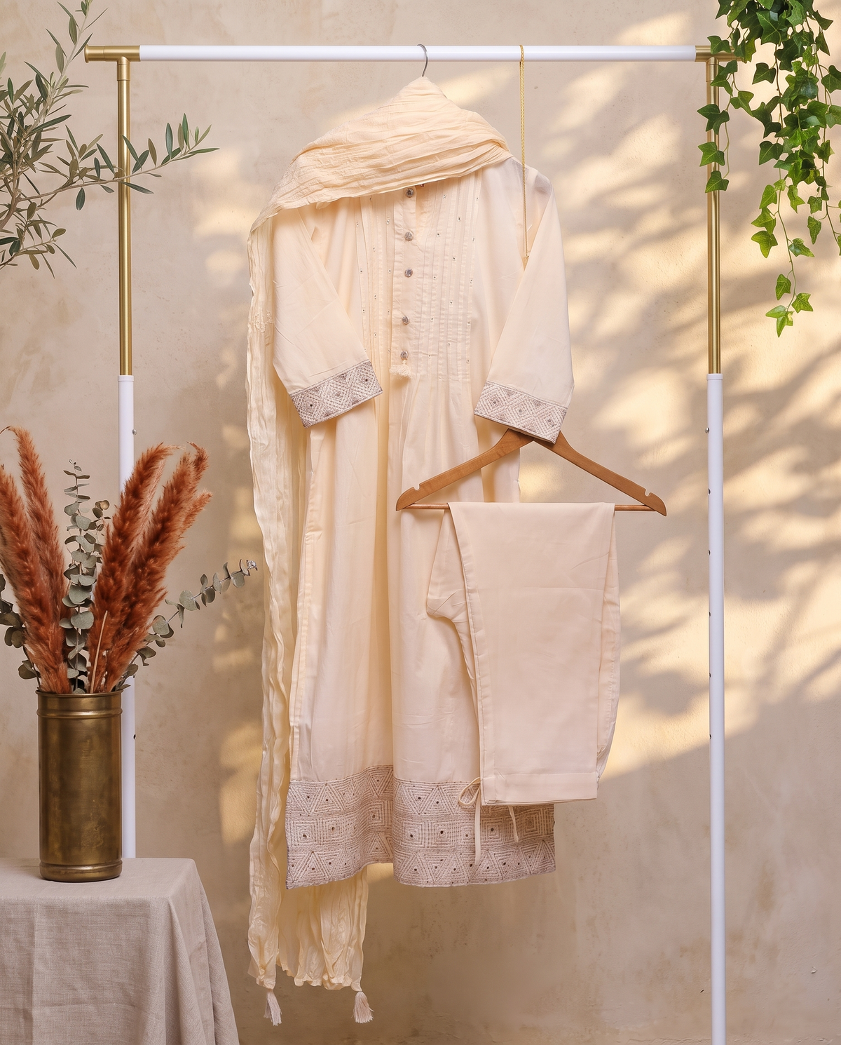 Noor Elina — ivory mul chanderi suit with embroidered sleeves and hem — Ivory Hues, Indian ethnic wear Singapore